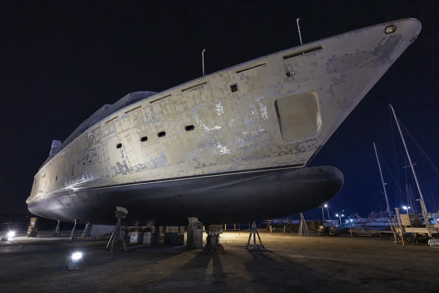 A yacht hull ashore lit by work lamps at night
